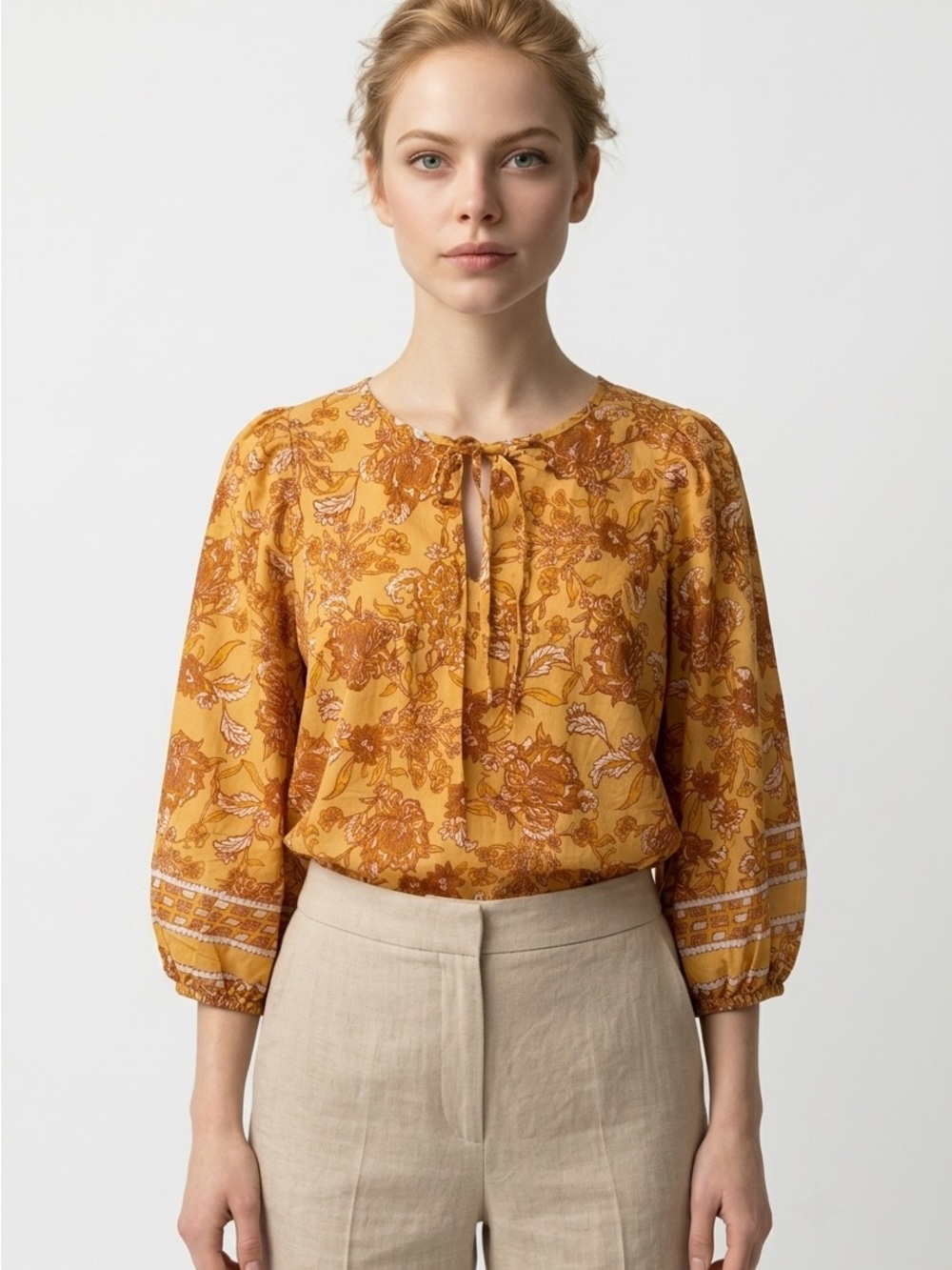 C & C California Women’s Large Yellow Orange Floral Balloon Raglan Sleeve Top